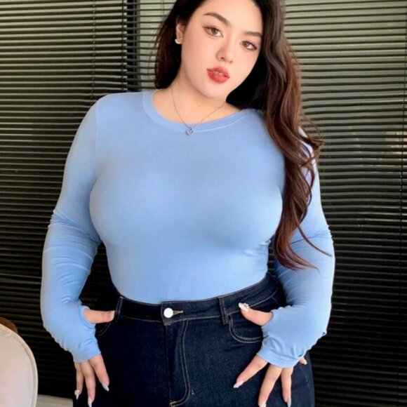 Sky Blue Solid Slim Fit Basic Crew Neck Thumb-Hole Shirt 1XL - NEW - Picture 1 of 10